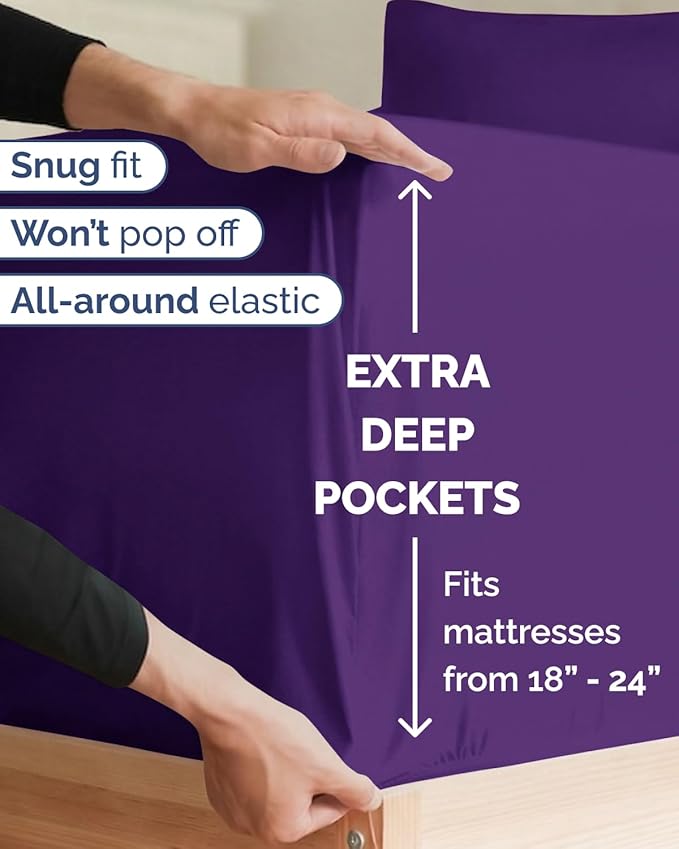 Extra Deep Twin XL Sheet Set - 3 Piece Breathable & Cooling Bed Sheets - Easily Fits 18 to 24 inch Mattress - Ultra Soft, Wrinkle & Fade Free with Extra Deep Pockets - Hotel Luxury Bedding - Purple