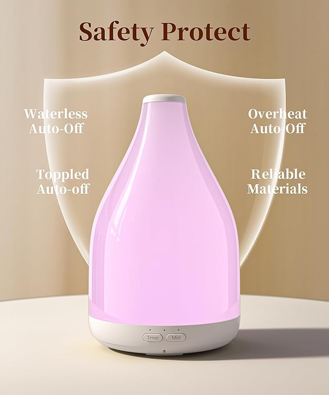 Essential Oil Diffuser for Large Room, Modern Stylish Aroma Diffusers Home Decoration, 12 Hours Cool Mist Ultrasonic Humidifier, Colorful Ambient Light & 1-3-6H Timer Off, White