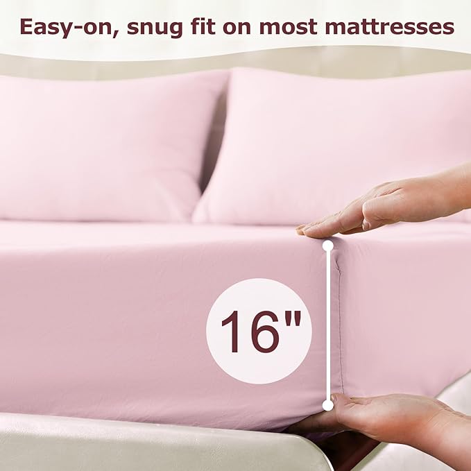 King Size Bed Sheet Set - 4 Piece Soft Microfiber Sheets with Deep Pockets, Cooling Technology, and Wrinkle-Free Pillowcase. Hotel-Quality, Durable Bedding, Light Pink