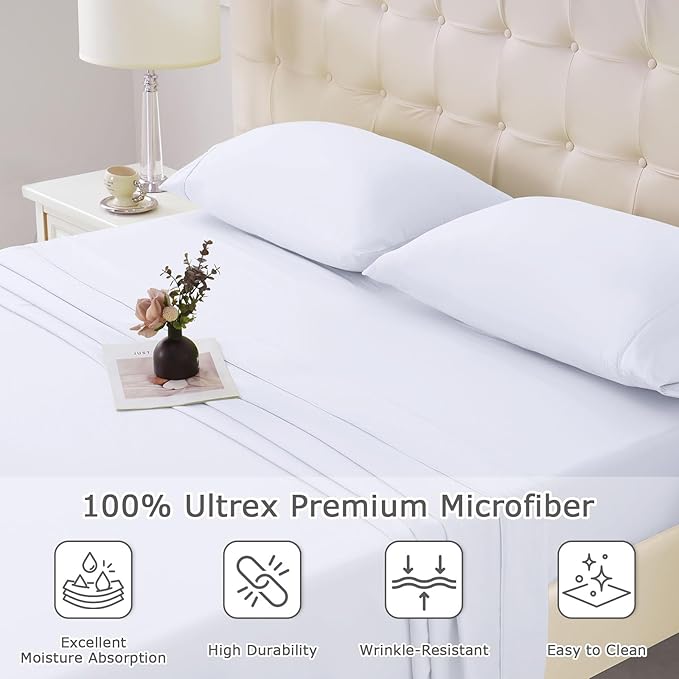 California King Size Bed Sheet Set - 4 Piece Soft Microfiber Sheets with Deep Pockets, Cooling Technology, and Wrinkle-Free Pillowcase. Hotel-Quality, Durable Bedding, Brilliant White