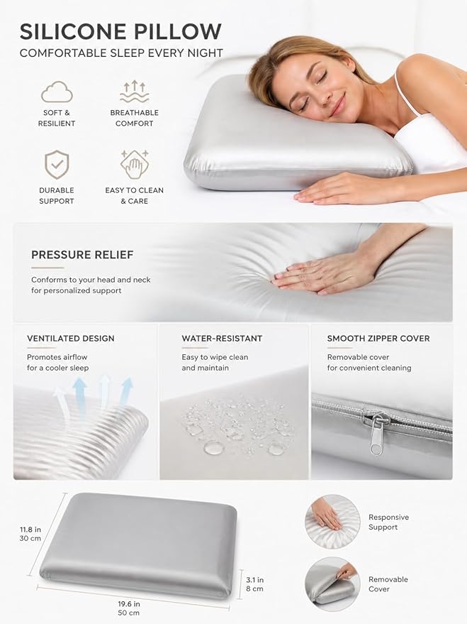 Wave Silicone Pillow, Ergonomic Wave Design for Neck & Shoulder Support, Cooling Breathable Bed Pillow, (Queen (U.S. Standard) Size, (Wave Pillow))