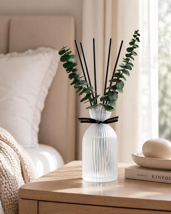 Airkeep Reed Diffuser Set 6.76 oz – White Flower Home Fragrance with Eucalyptus Sticks – Decorative Glass Bottle for Bathroom, Bedroom & Living Room Décor – Gift Ready