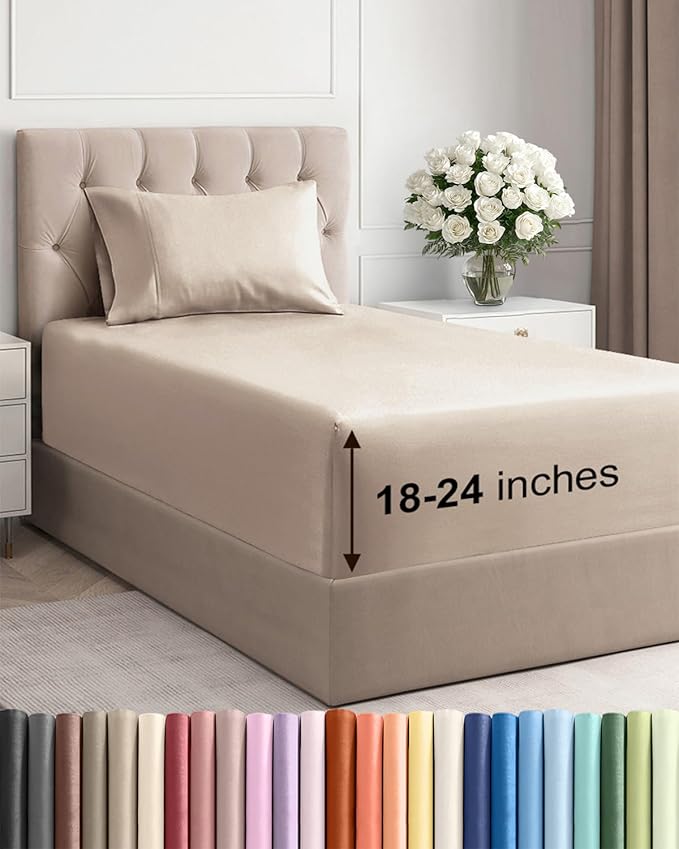 Extra Deep Twin Sheet Set - 3 Piece Breathable & Cooling Bed Sheets - Easily Fits 18 to 24 inch Mattress - Ultra Soft, Wrinkle & Fade Free w/ Extra Deep Pockets - Comfy Hotel Luxury Bedding - Wheat