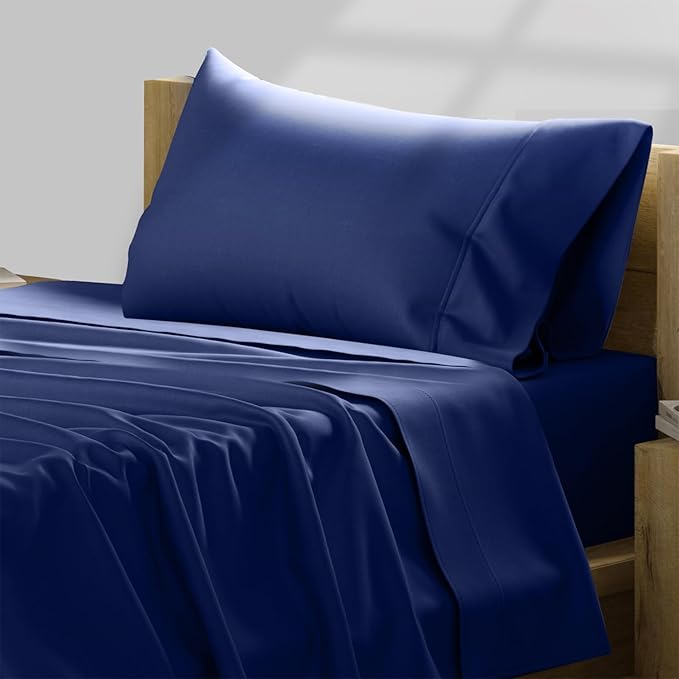 TEXAS LINEN CO. 100% Egyptian Cotton Sheets - Texan Talkin' Collection 600 Series 3 PC Twin XL Sheet Set (Navy Blue), Soft, Cooling, Sateen Weave, Extra Long Staple Luxury Bedding, 16" Deep Pocket