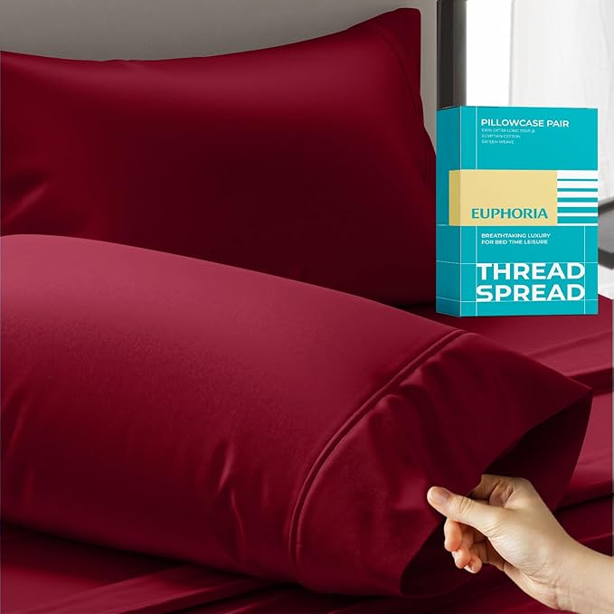 THREAD SPREAD Queen Size 100% Long Staple Egyptian Cotton Sateen Weave Pillowcases, Burgundy, 21" x 32"
