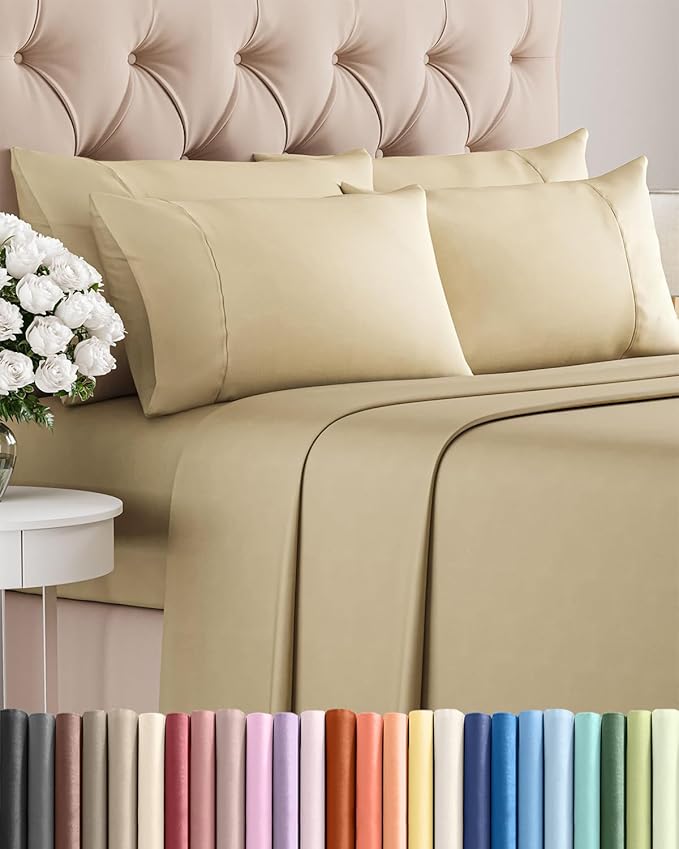 Full 6 Piece Sheet Set - Comfy, Breathable & Cooling - Soft Hotel Luxury Bedding for Women, Men, Kids, Teens & Children - 1 Flat & 1 Fitted Sheet & 4 Pillowcases w/ Deep Pockets - Wrinkle Free - Beige