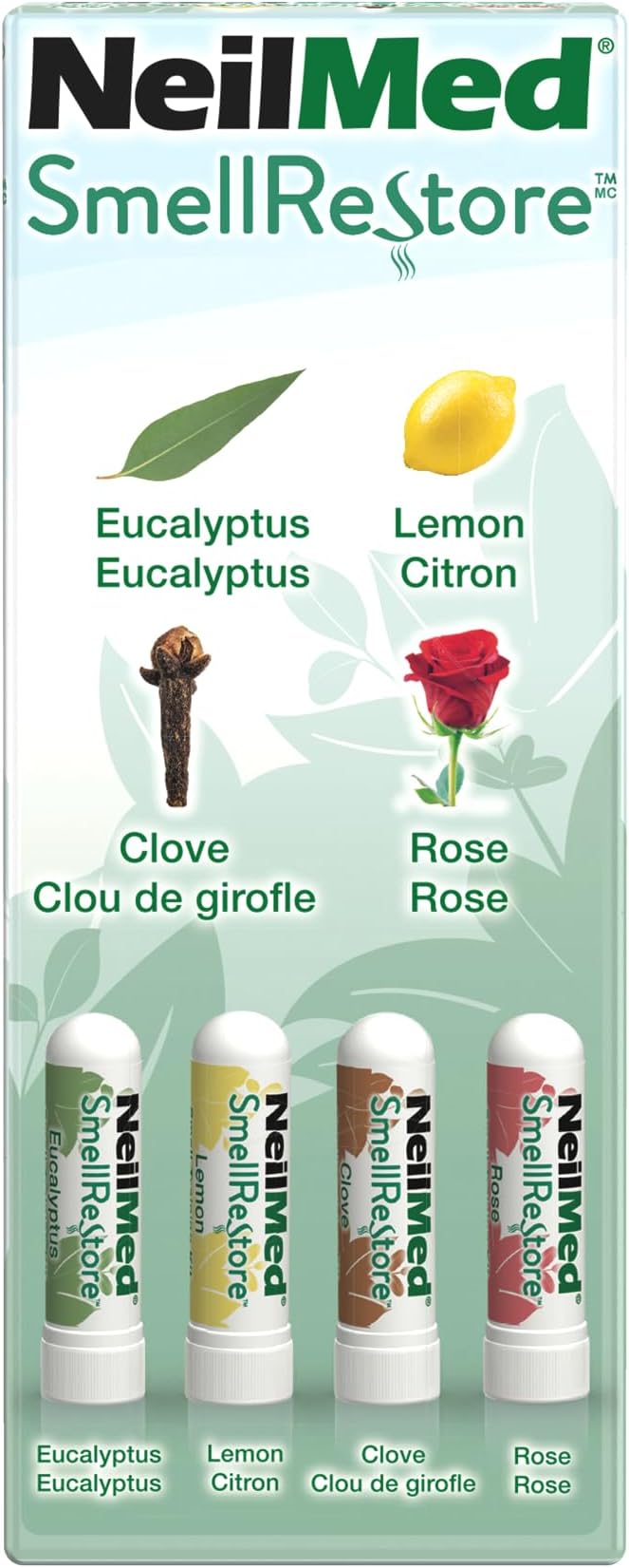 NeilMed Smell Restore - All Natural Smell Training Kit with 4 Separate Essential Oil Inhalers. Eucalyptus, Rose, Lemon and Clove