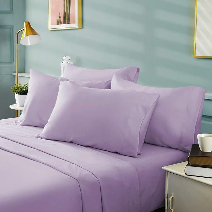 BYSURE 6 Pieces Bed Sheets Set(Queen, Lavender) - Hotel Luxury Super Soft 1800 Thread Count 100% Microfiber Sheets with Deep Pockets, Wrinkle & Fade Resistant