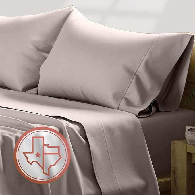 TEXAS LINEN CO. Luxury Egyptian Cotton Queen Size Sheet Set - Texan Talkin' Collection 600 Series 4 PC Deep Pocket Fitted and Flat Sheets, Cooling Extra Long Staple Sateen Hotel Bedding - Beige