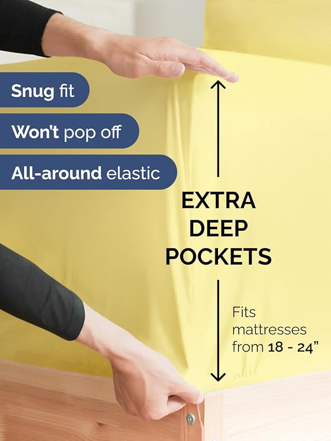 Extra Deep King Sheet Set - 4 Piece Breathable & Cooling Bed Sheets - Easily Fits 18 to 24 inch Mattress - Ultra Soft, Wrinkle & Fade Free w/ Extra Deep Pockets - Comfy Hotel Luxury Bedding - Yellow