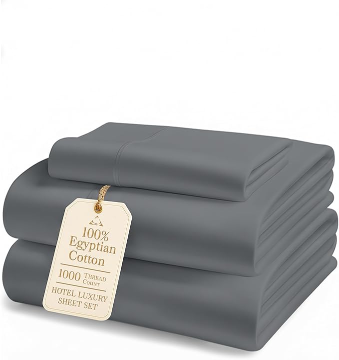 LANE LINEN 100% Egyptian Twin Bed Sheets Cotton - 1000 Thread Count, Soft & Comfy No Pill Fade Resistant Natural Cooling Mercerized Cotton Twin Size Sheets 15" Deep Pocket - Charcoal