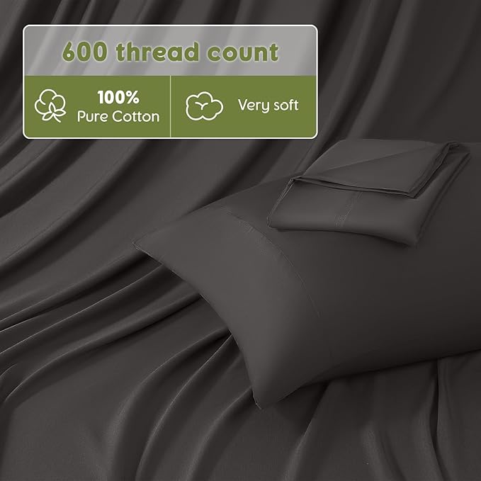 SONORO KATE 100% Egyptian Cotton Sheets King Size - 600 Thread Count, Luxury Hotel Sateen Weave Bedding Set, Soft Breathable Sheet Sets, 16" Deep Pocket - 4 PC(Dark Grey,King)