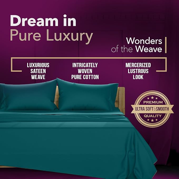 TEXAS LINEN CO. 100% Egyptian Cotton Queen Sheets Set - Luxury 1200 Series Star Sleepin' Collection Egyptian Cotton Sheets Queen Size (4 PC, Teal), 17" Deep Pocket, Cooling Sateen Hotel Bedding Set