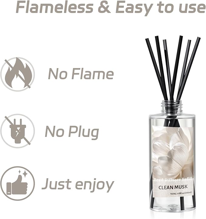 SCENTORINI Reed Diffuser Oil Refill, Clean Musk Essential Oil 6.76 Fl Oz, Natural Long Lasting Aromatherapy Fragrance Oil for Home Bedroom Bathroom Office Spa Air Freshener Home Decor