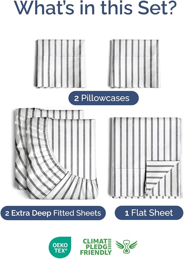 Extra Deep Split King Sheet Set - 5 Piece Breathable & Cooling Bed Sheets - Easily Fits 18 to 24 inch Mattress - Soft, Wrinkle & Fade Free w/ Extra Deep Pockets - Hotel Luxury Bedding - Grey Stripes 2