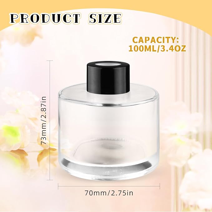 6 Pcs Glass Diffuser Clear Refillable Round Glass Diffuser with Black Lids for Aromatherapy Fragrance DIY Replacement Essential Oils Crafts - 100ml/3.4oz