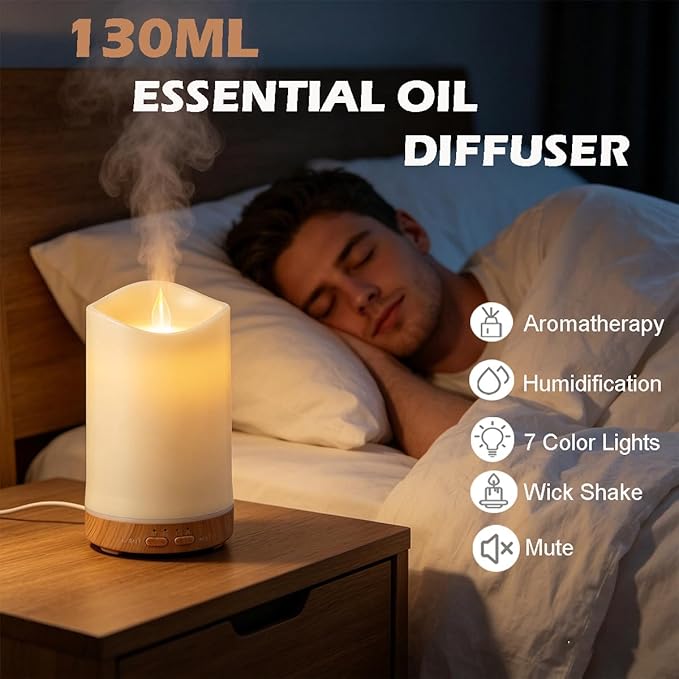Essential Oil Diffuser,130ml Candle Shape Aromatherapy Diffuser for Home Decoration,Air Humidifier with 7 LED Color Night Light for Office Gifts