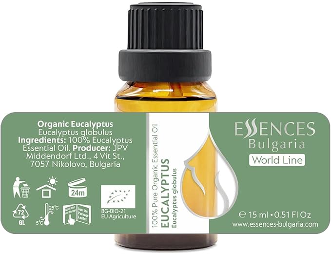 Essences Bulgaria Organic Eucalyptus Essential Oil 0.51 Fl Oz 15ml Eucalyptus globulus 100% Pure Natural Undiluted Therapeutic Grade for Aromatherapy Diffuser Humidifier Air Purifier Sauna Steam Room