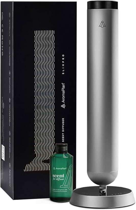 AromaPlan 5-Star Collection Rechargeable Waterless Diffuser (Fragrance Included)- Smart Cold Air Diffuser, Adjust Intensity & Timer, Long Battery Life- Aluminum Body, Luxury Scent Experience, Silver