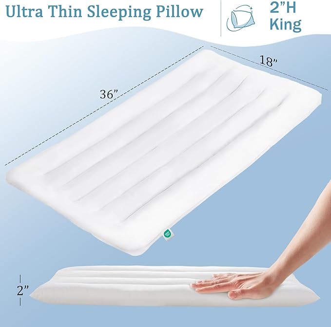 Ultra Thin Flat Pillows King Size Set of 1 Pack, 2 Inch Height Slim Pillows, Down Alternative Filled Low Bed Pillows for Back and Stomach Sleepers 18x36