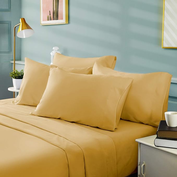 BYSURE 6 Pieces Bed Sheets Set(King, Gold) - Hotel Luxury Super Soft 1800 Thread Count 100% Microfiber Sheets with Deep Pockets, Wrinkle & Fade Resistant