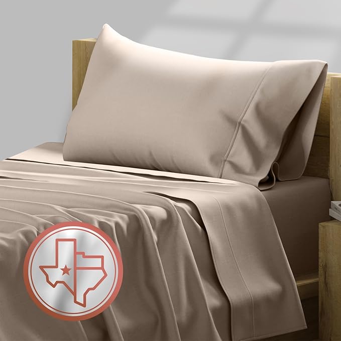 TEXAS LINEN CO. 100% Egyptian Cotton Sheets - Texan Talkin' Collection 600 Series 3 PC Twin XL Sheet Set (Taupe), Soft, Cooling, Sateen Weave, Extra Long Staple Luxury Bedding, 16" Deep Pocket