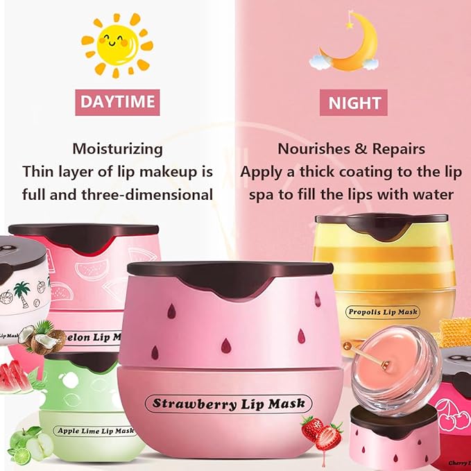 4 PCS Honey Lip Mask, Strawberry & Watermelon & Apple Lime Lip Sleeping Mask Propolis Moisturizing Lip Balm with Stick, Vitamin E Lip Masks, Repairs And Prevents Chapped Lips (4 Flavors)