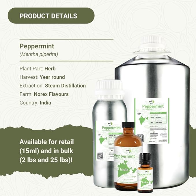 Peppermint Essential Oil - Direct from Norex Flavours India - Steam Distilled - Aceite Esencial de Menta for Aromatherapy, Massage, Diffuser, DIY Candle and Soap Making - 15ml