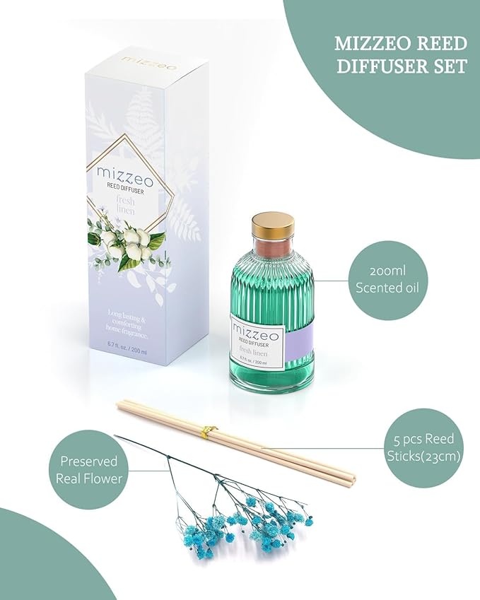 Reed Diffuser Set, Fresh Linen 6.76 fl oz Highly Scented Room Diffuser Home Fragrance Essential Oil Reed Flower Diffuser, House Bedroom Office Decor & Gifts