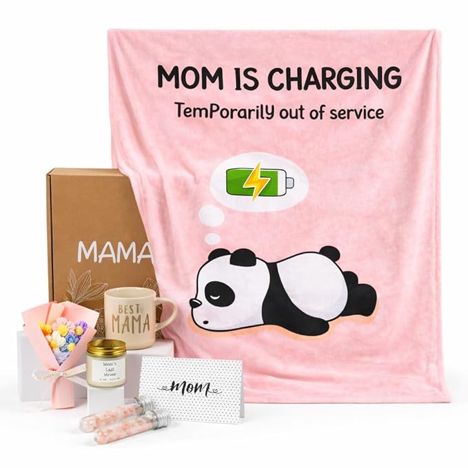 Mother's Day Gifts for Mom – 8 Piece Self Care Spa Gift Set with Cozy Blanket, Mama Mug, Candle & Bath Bombs – Birthday Gift Basket for Women from Daughter Son, Mommy Gift Box