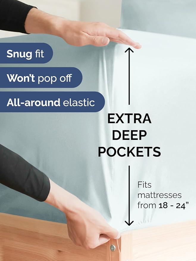 Extra Deep Cal King Sheet Set - 4 Piece Breathable & Cooling Bed Sheets - Easily Fits 18 to 24 inch Mattress - Ultra Soft, Wrinkle & Fade Free w/ Extra Deep Pockets - Hotel Luxury Bedding - Ice Blue