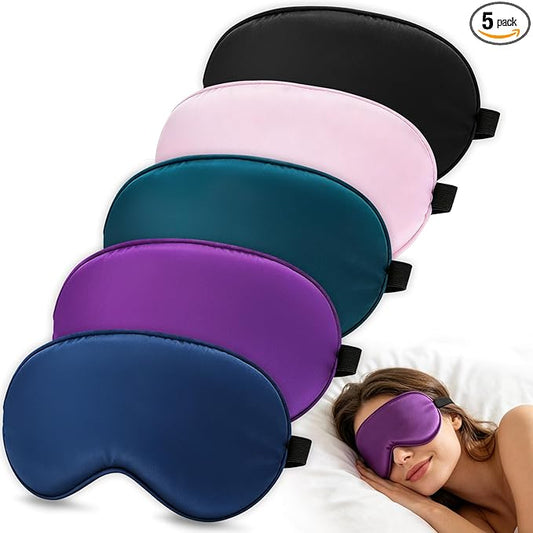 5 Pack Silk Sleep Mask, 5-Color Eye Masks for Sleep with Adjustable Strap, 100% Blackout Blindfold Super Soft Eye Cover for Travel Nap Airplane Home Sleeping, Suitable for Women & Men