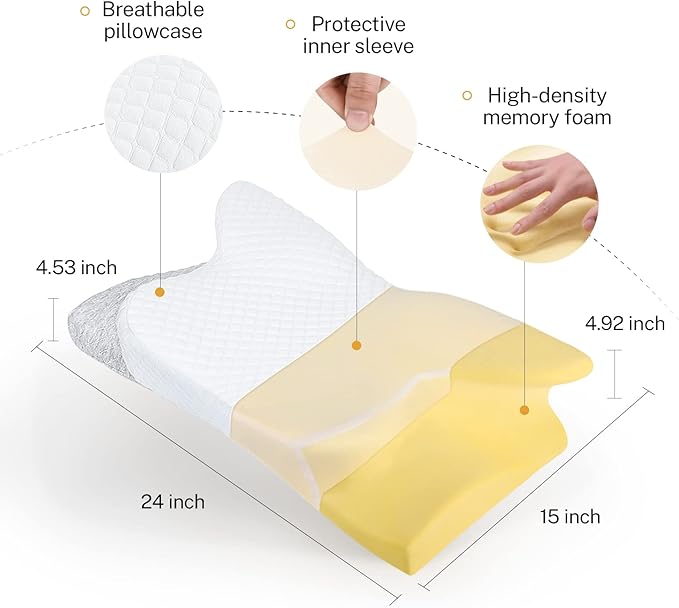 Contour Memory Foam Pillow, Cervical Pillow for Neck Pain Relief, Ergonomic Pillow for Sleeping, Orthopedic Neck Pillow with Washable Cover, Bed Pillows for Side, Back, Stomach Sleepers