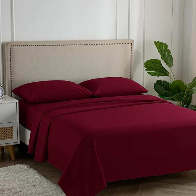 Carressa Linen 100% Egyptian Cotton King Size Sheets Set - 600 Series Hydrangeas Collection Egyptian Cotton Sheets King Size (4 PC, Burgundy), 16" Deep Pocket Sateen Weave Luxury Bed Sheet