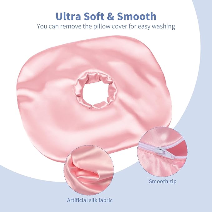 Ear Piercing Pillowcase, Satin Soft Removable Cover for O-Shaped Side Sleeper Pillows, Hypoallergenic & Easy Care for Pierced Ear & CNH Relief (Pillowcase-Light Pink Silk)