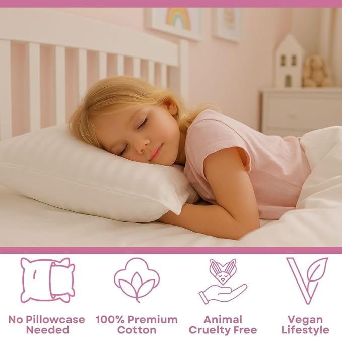 kinder Fluff Toddler Pillow 2X–Certified Hypoallergenic Award Winning Baby Pillow (no Pillowcase Needed) 300TC Pure Cotton Shell and Down Alternative Fill. Toddler Bedding Kids Pillow 4+ Pink