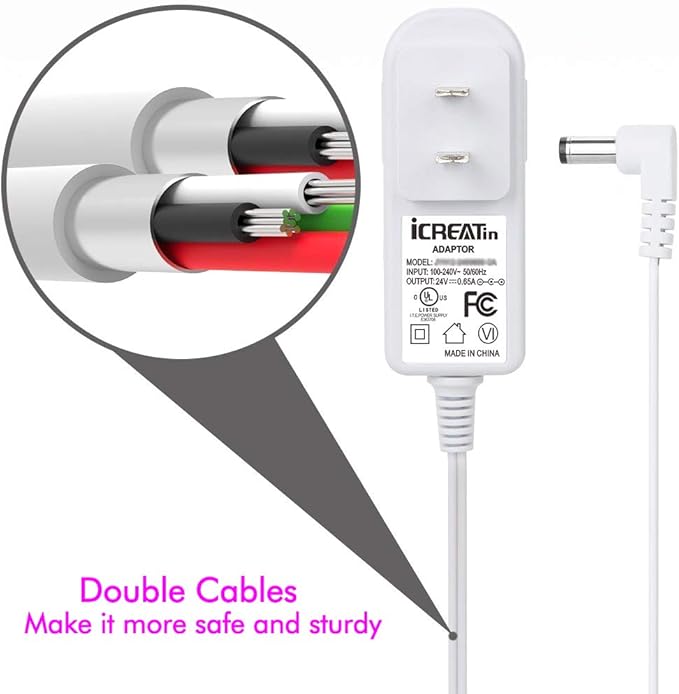 24V Power Cord Adapter, iCreatin 24V 0.65A AC to DC Adaptor Power Supply Replacement Cable for 100ml / 120ml / 300ml / 500ml Essential Oil Diffuser 5.9Ft, UL Listed, White