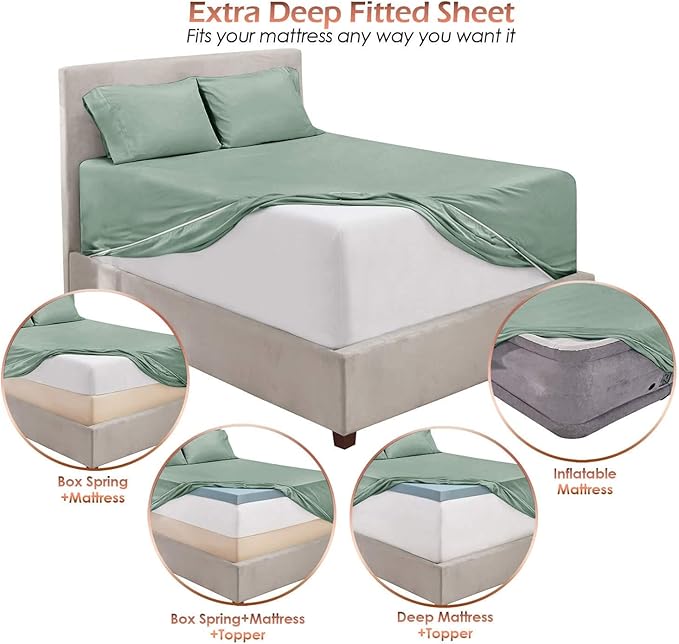 Hearth & Harbor Bed Sheets, Luxury Soft 6 Piece Bed Sheet Set Extra Deep Pocket Fitted Sheets Fits Mattress up to 21", Double Brushed Bedding Sheets & Pillowcases, King, Ice Green