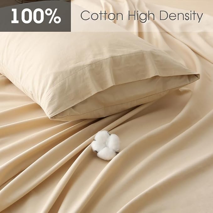 HYPREST Deep Pocket King Sheets Beige-100% Cotton Sheet Sets Fits 18"-24" in Deep Mattress, Hotel Luxury Soft Wrinkle Free Cooling Sheet Sets for King Bed Deep Pocket