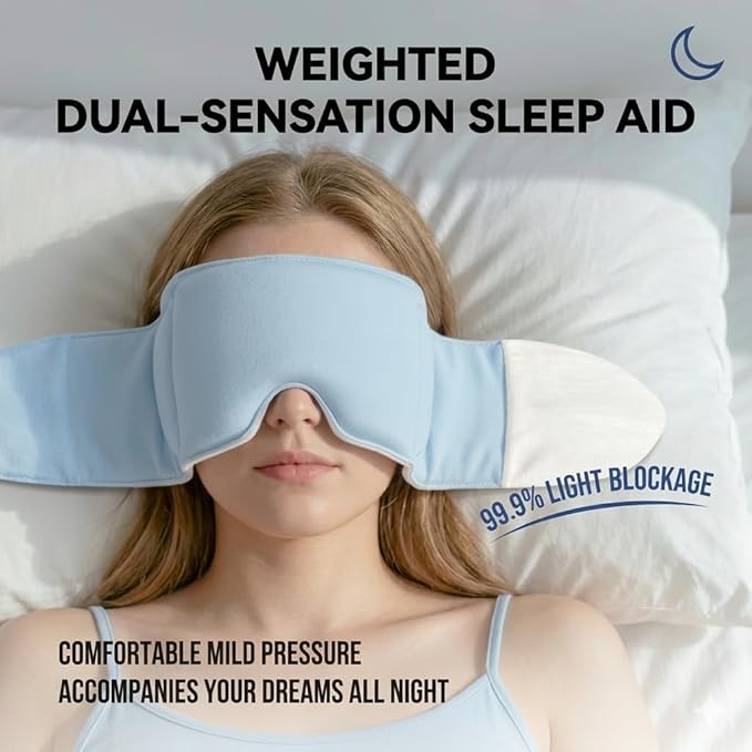 Weighted Sleep Mask & Earplugs Set, 250g Distributed Pressure Eye Cover, 3D Total Blackout Blindfold with Cooling Silk & Plush Fleece, 3 Pairs Sound-Dampening Earplugs for Daily Home Use & Travel