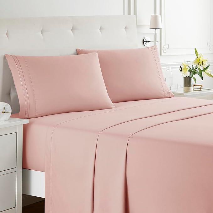 Clara Clark Bed Sheets, Premier 1800 Series Bed Sheet Set, Deep Pocket, Wrinkle, Fade, Stain Resistant, Luxury Soft Bedding Sheets & Pillowcases, Queen, Pink Beige