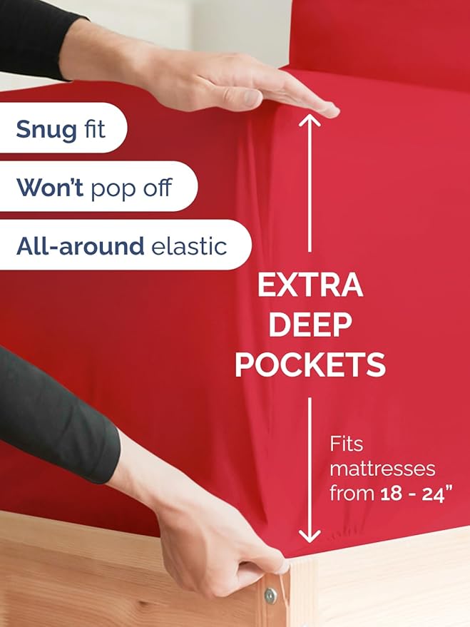 Extra Deep Full Sheet Set - 6 Piece Breathable and Cooling Sheets - Hotel Luxury Bedding for Women, Men, Kids & Teens - Easy & Secure Fit - Soft, Wrinkle Free and Comfy with Extra Deep Pockets - Red