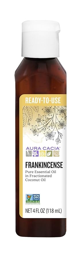 Aura Cacia Ready-to-Use Frankincense Essential Oil in Fractionated Coconut Oil, GC/MS Tested for Purity | 4 Fl Oz (Pack of 1)