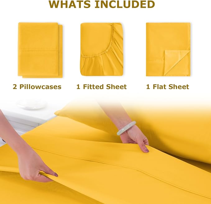 California King Size Bed Sheet Set - 4 Piece Soft Microfiber Sheets with Deep Pockets, Cooling Technology, and Wrinkle-Free Pillowcase. Hotel-Quality, Durable Bedding, Spectra Yellow