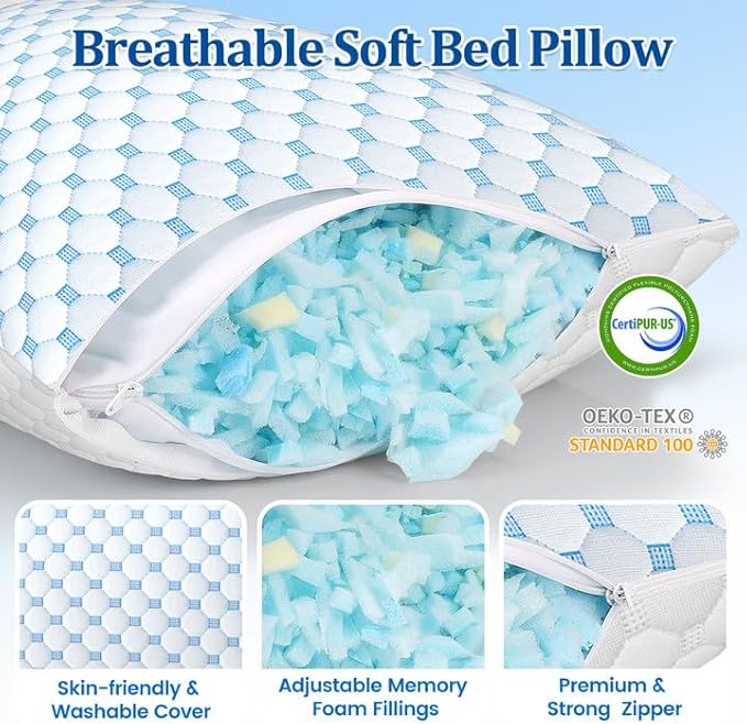 CloudBliss Shredded Memory Foam Pillow for Sleeping - Adjustable Cooling Pillow with Breathable Washable Cover, CertiPUR-US Certified, 1 Pack Queen Size for Side/Back/Stomach Sleepers