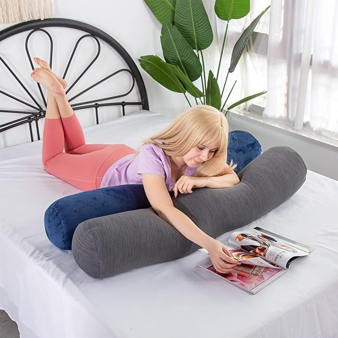1 MIDDLE ONE Body Pillow, Bolster Pillow with Cooling Cover, Long Round Roll Cylinder Pillow for Bed, 47" x 7.87", Blue