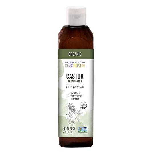 Aura Cacia Organic Castor Oil, Pure Ricinus Communis Oil, For Skincare, Hair Care, Massage, Carrier Oil | 16 Fl Oz (Pack of 1)