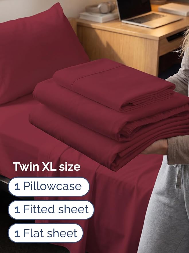 Extra Deep Twin XL Sheet Set - 3 Piece Breathable & Cooling Bed Sheets - Easily Fits 18 to 24 inch Mattress - Ultra Soft, Wrinkle & Fade Free w/ Extra Deep Pockets - Hotel Luxury Bedding - Burgundy