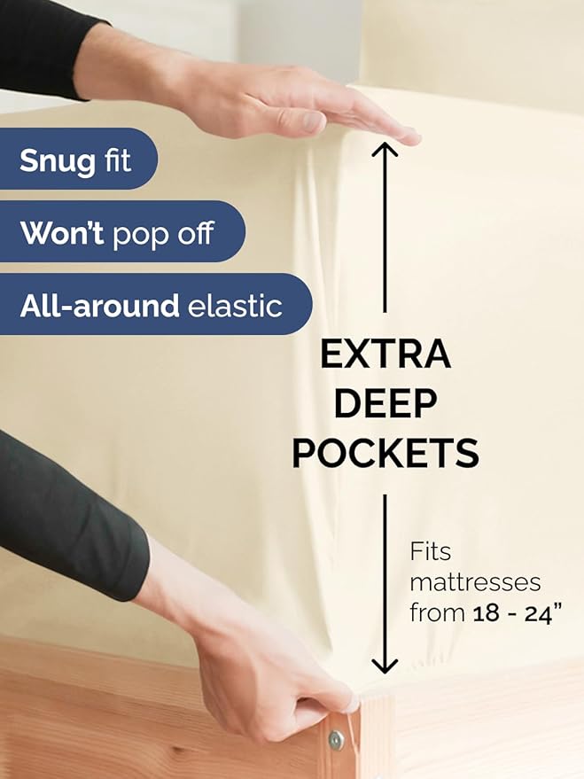 Extra Deep Queen Sheet Set - 4 Piece Breathable & Cooling Bed Sheets - Easily Fits 18 to 24 inch Mattress - Ultra Soft, Wrinkle & Fade Free with Extra Deep Pockets - Hotel Luxury Bedding - Off White