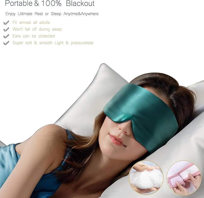 Satin Sleep Eye Mask, 100% Complete Blackout Sleeping Mask for Women Men Side Sleepers, Zero Pressure Eye Shade with Adjustable Strap, Lightweight Breathable Night Blindfold for Travel Shift Work Naps